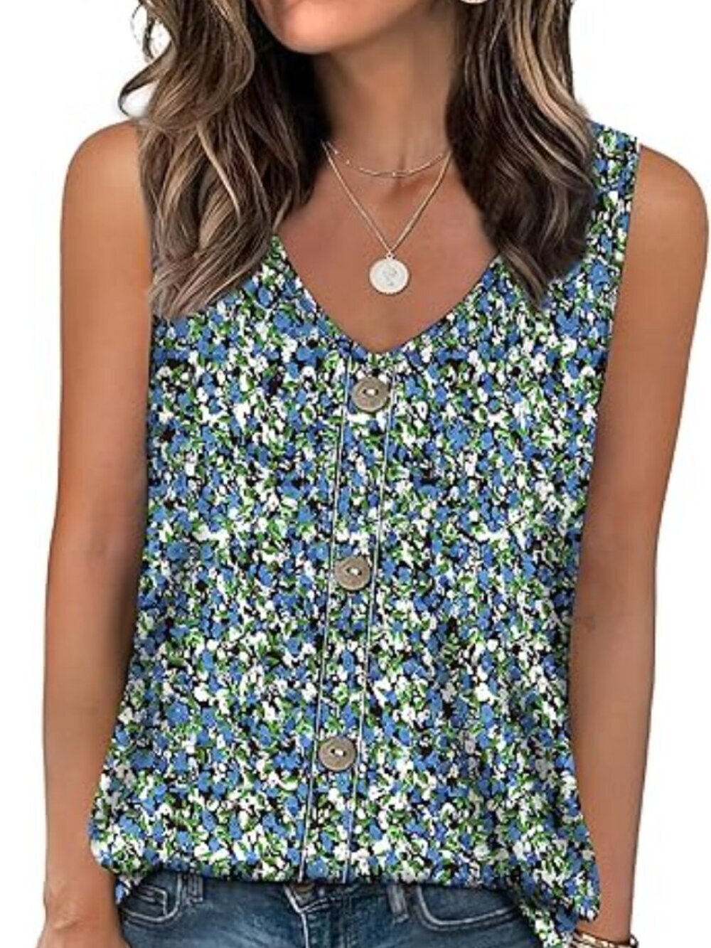 Women's Blue Tank Tops Loose Casual Summer Eyelet V Neck Basic Sleeveless Shirt